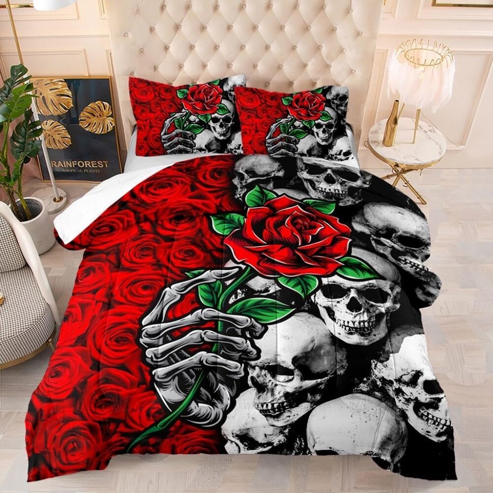 Roses Floral Skull Comforter Set  Queen Sz